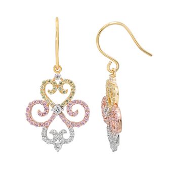 Tri Tone 18k Gold Over Silver Cubic Zirconia Filigree Drop Earrings
