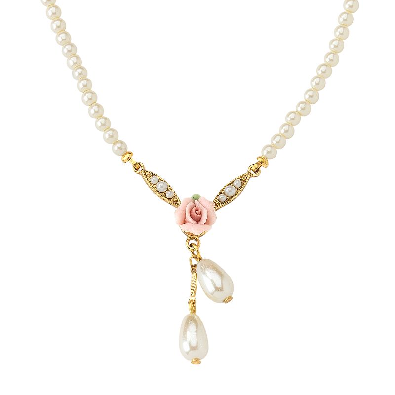 89063656 1928 Gold-Tone Simulated Pearl and Rose Necklace,  sku 89063656
