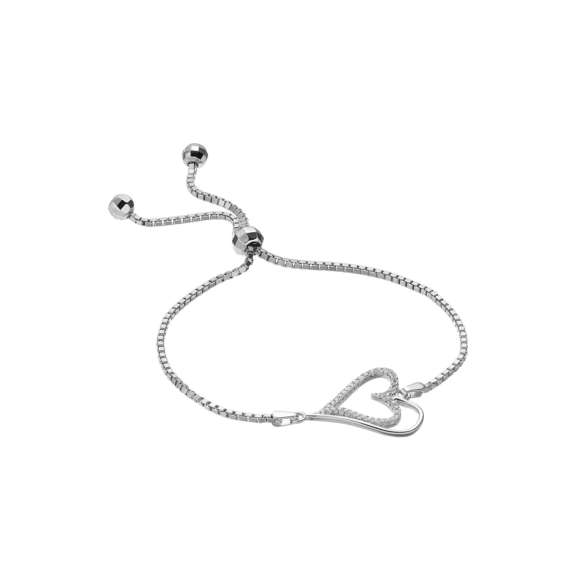 Sterling Silver Cubic Zirconia Heart Bolo Bracelet, Womens, Size: 7, Wh