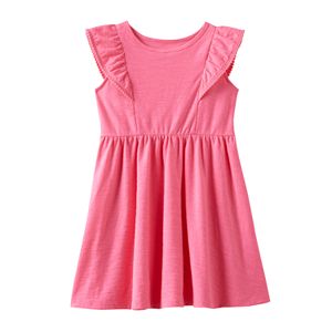 Baby Girl Jumping Beans® Pom-Pom Trim Flutter Short Sleeve Solid Slubbed Dress