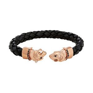 Men's Stainless Steel & Black Leather Cubic Zirconia Panther Cuff Bracelet