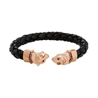 Men's Stainless Steel & Black Leather Cubic Zirconia Panther Cuff Bracelet