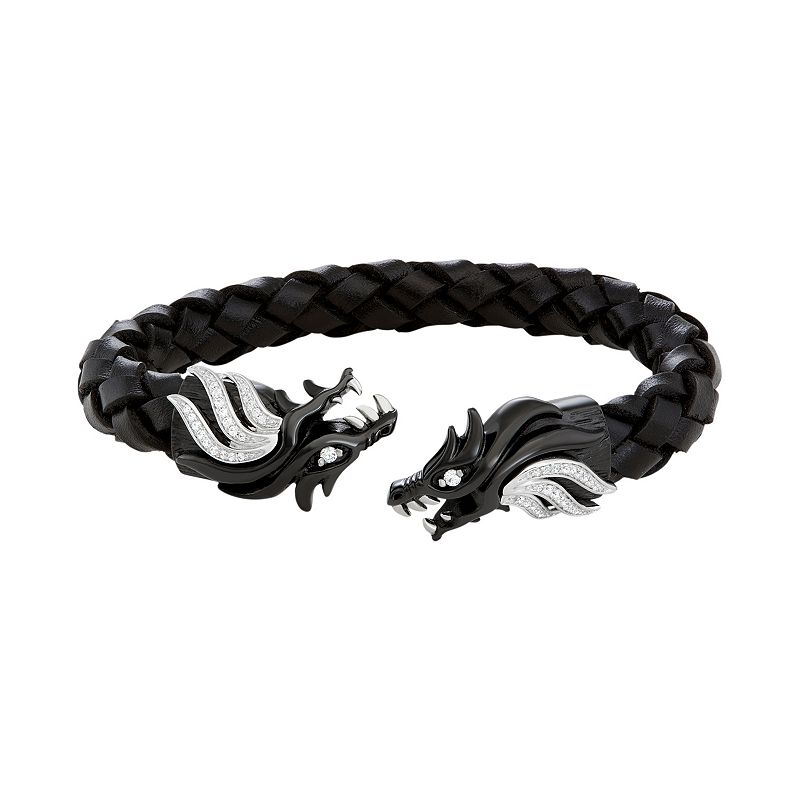 Mens Stainless Steel & Black Leather Cubic Zirconia Dragon Cuff Bracelet,