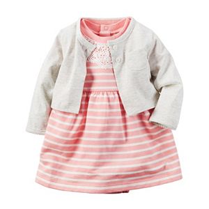 Baby Girl Carter's French Terry Crochet Lace Striped Bodysuit Dress & Cardigan Set