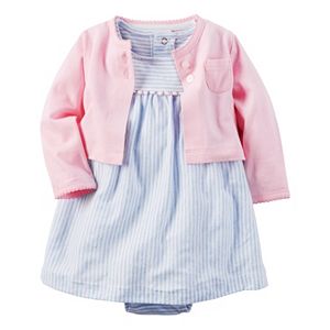 Baby Girl Carter's Striped Pom-Pom Trim Bodysuit Dress & Cardigan Set