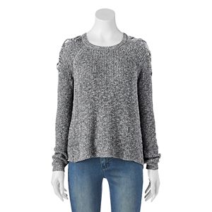 Juniors' Cloud Chaser Lace-Up Cold-Shoulder Sweater