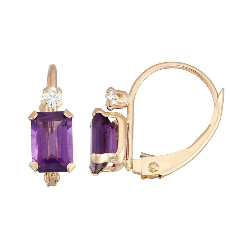 Designs by Gioelli 10k Gold Emerald-Cut Amethyst & White Zircon Leverback Earrings, Women's, Purple