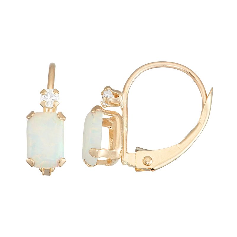 10k Gold Emerald-Cut Lab-Created Opal & White Zircon Leverback Earrings, Wo