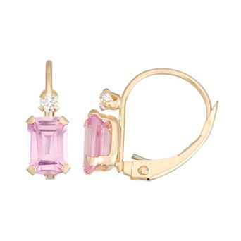 Designs by Gioelli 10k Gold Emerald-Cut Lab-Created Pink Sapphire & White Zircon Leverback Earrings