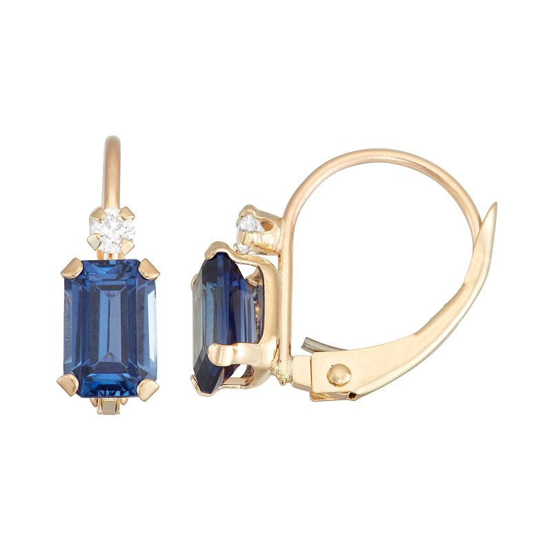 10k Gold Emerald-Cut Lab-Created Sapphire & White Zircon Leverback Earrings
