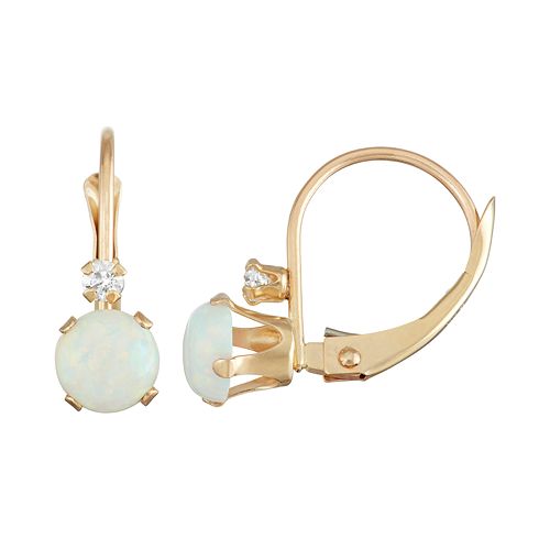 10k Gold RoundCut LabCreated Opal & White Zircon Leverback Earrings