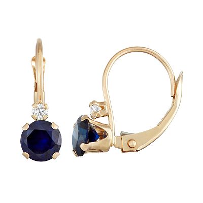 Designs by Gioelli 10k Gold Round Cut Lab Created Sapphire White Zircon Leverback Earrings