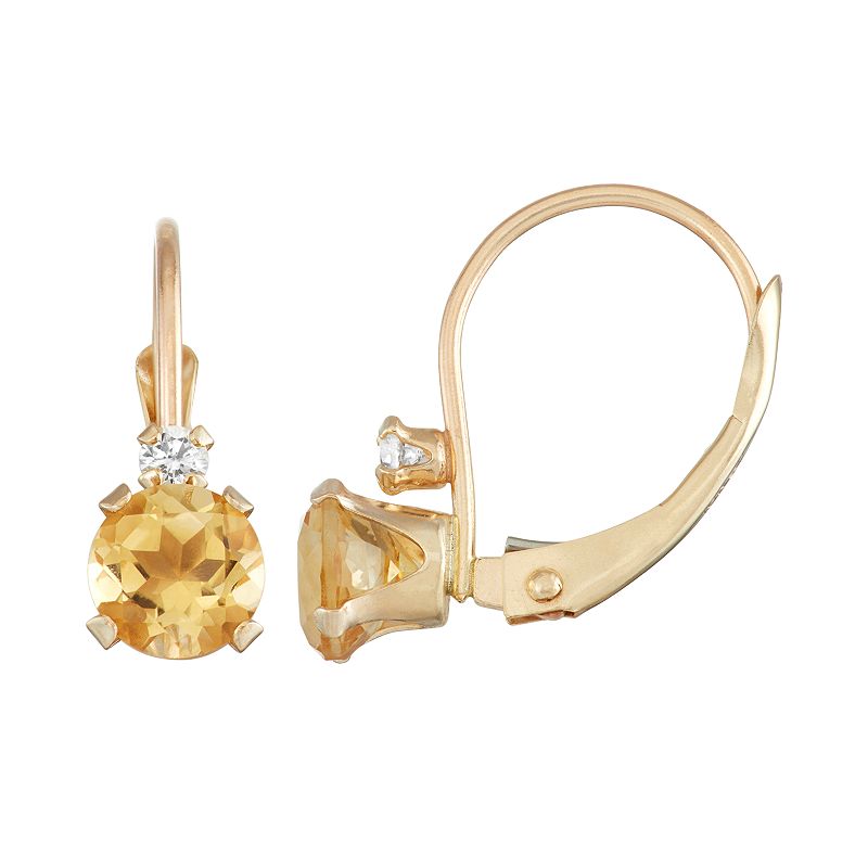 Designs by Gioelli 10k Gold Round-Cut Citrine & White Zircon Leverback Earrings, Women's, Yellow