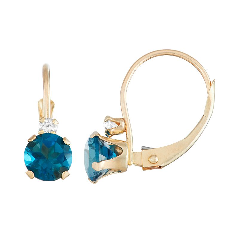 10k Gold Round-Cut London Blue Topaz & White Zircon Leverback Earrings, Wom