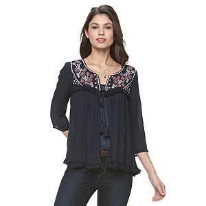 Juniors' Mason & Belle Embroidered Tie-Front Top