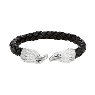 Men's Stainless Steel & Black Leather Cubic Zirconia Eagle Cuff Bracelet