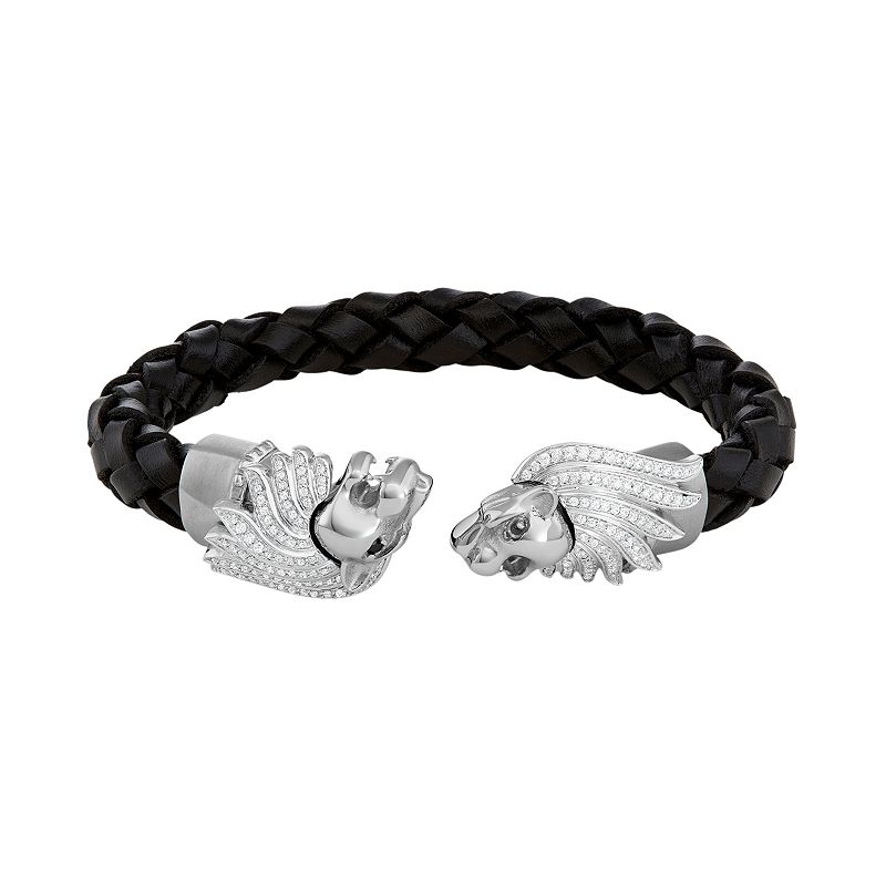 Mens Stainless Steel & Black Leather Cubic Zirconia Lion Cuff Bracelet, S