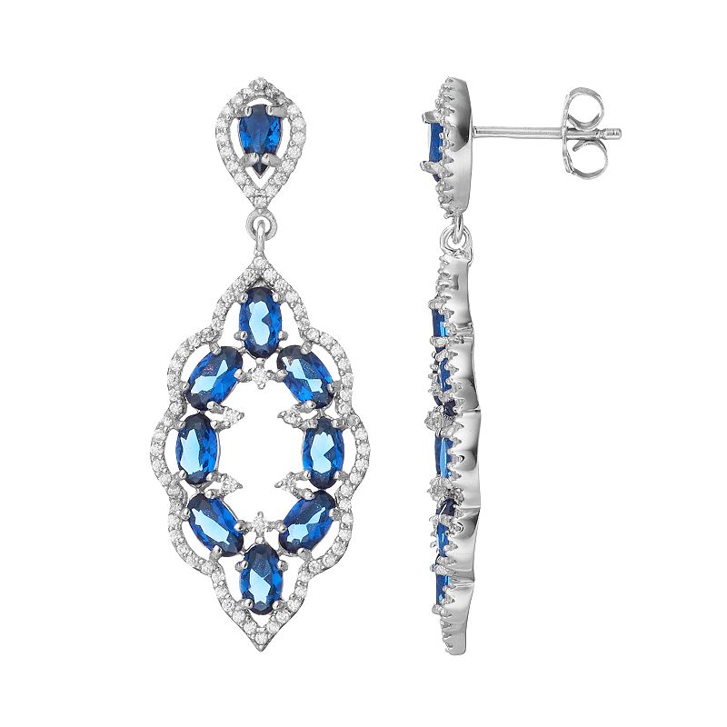 Sterling Silver Simulated Sapphire & Cubic Zirconia Scalloped Drop Earrings