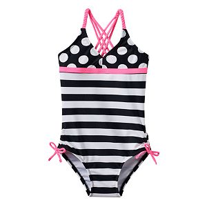 Girls 4-16 SO® Polka-Dots & Stripes Braided Strap One-Piece Swimsuit