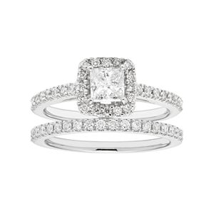 Boston Bay Diamonds 14k White Gold 1 Carat T.W. IGL Certified Diamond Square Halo Engagement Ring Set