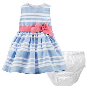 Baby Girl Carter's Chambray Striped Dress with Sash & Bloomers Set