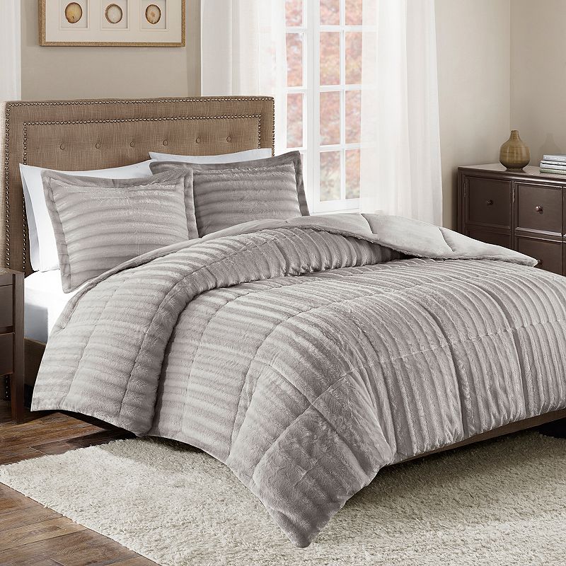 Madison Park Duke Faux Fur Comforter Set with Shams, Grey, King