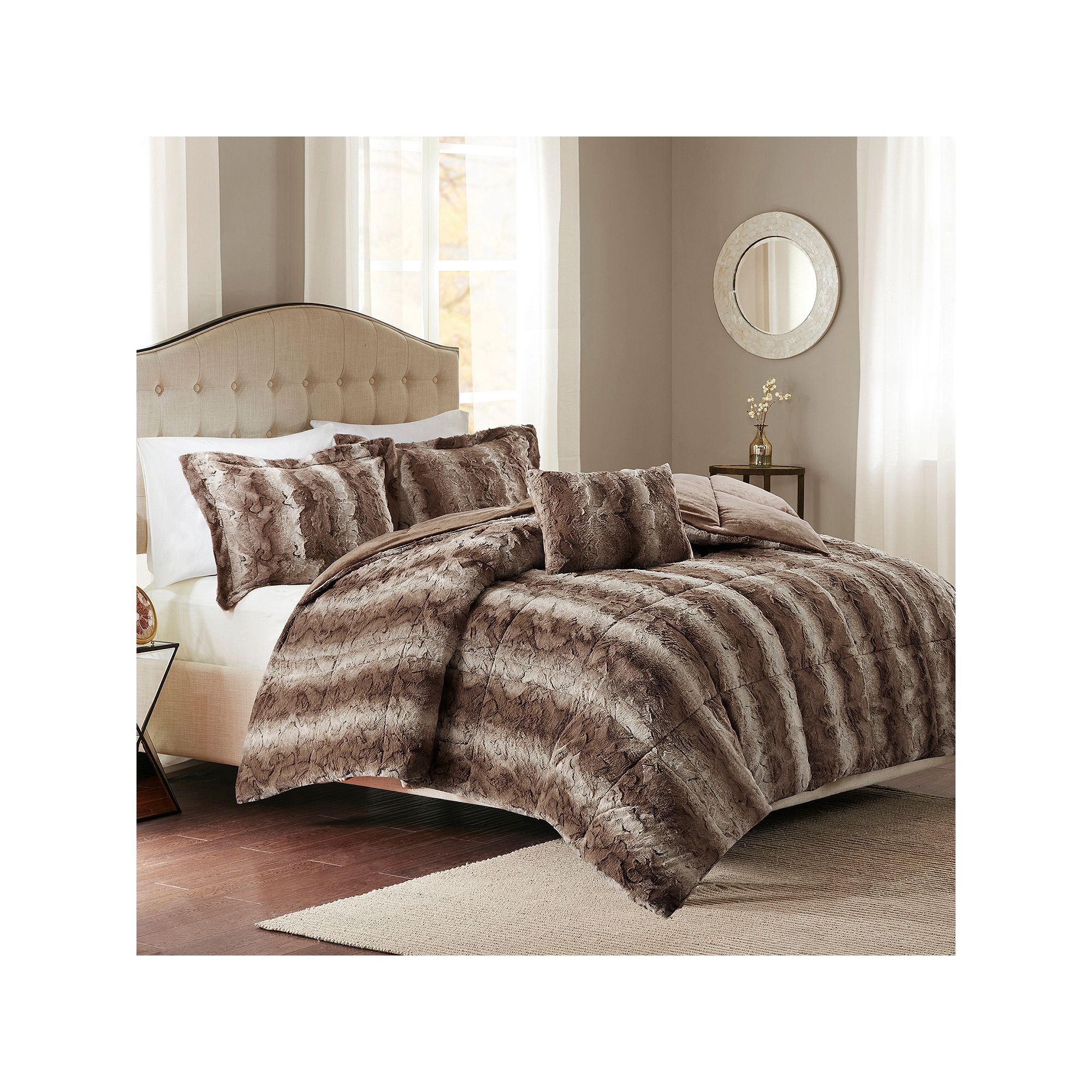 Madison Park Marselle Faux Fur Comforter Set with Throw Pillow, Brown