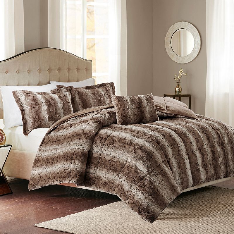 Madison Park Marselle Faux Fur Comforter Set with Throw Pillow, Med Brown, 