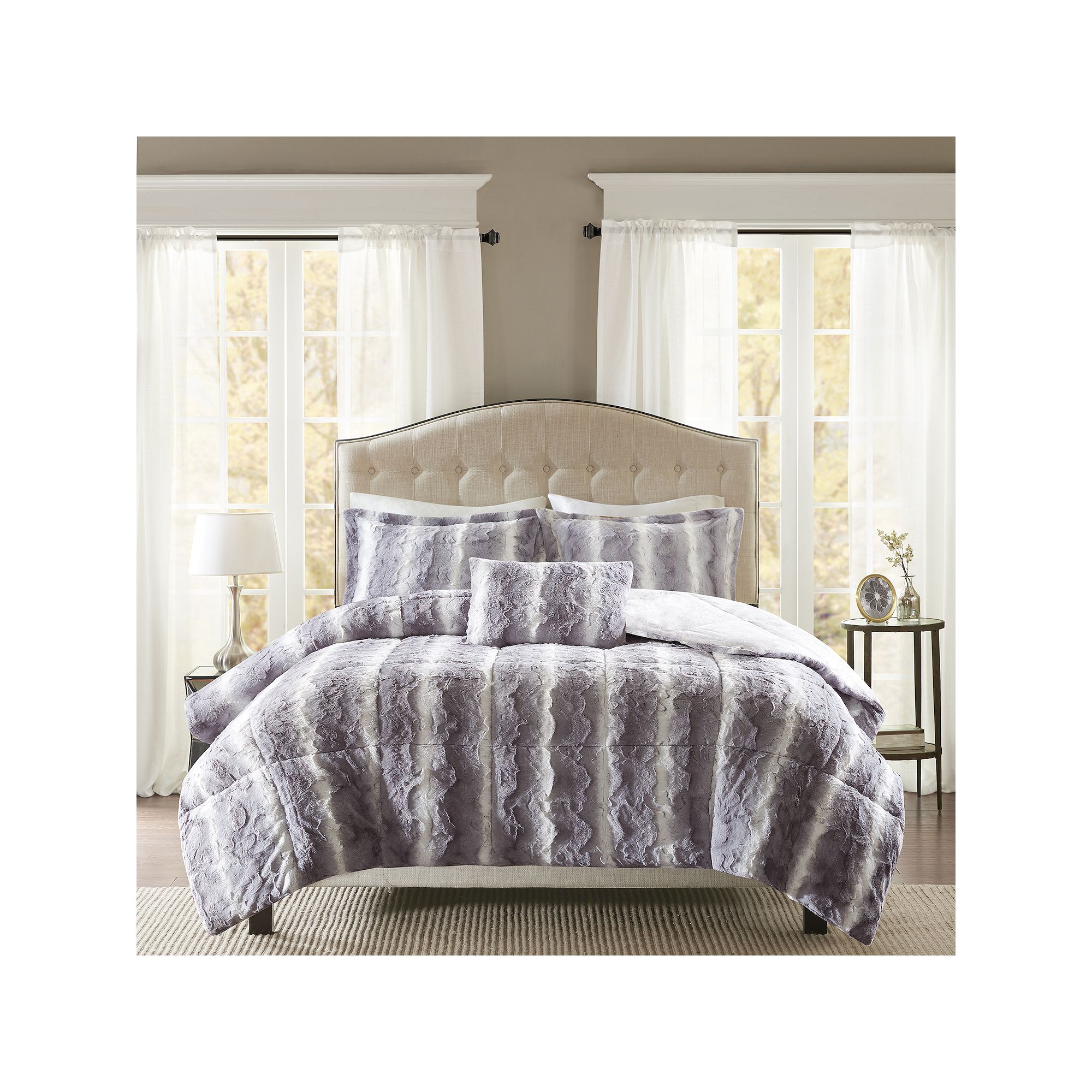 Madison Park Marselle Faux Fur Comforter Set with Throw Pillow, Gray