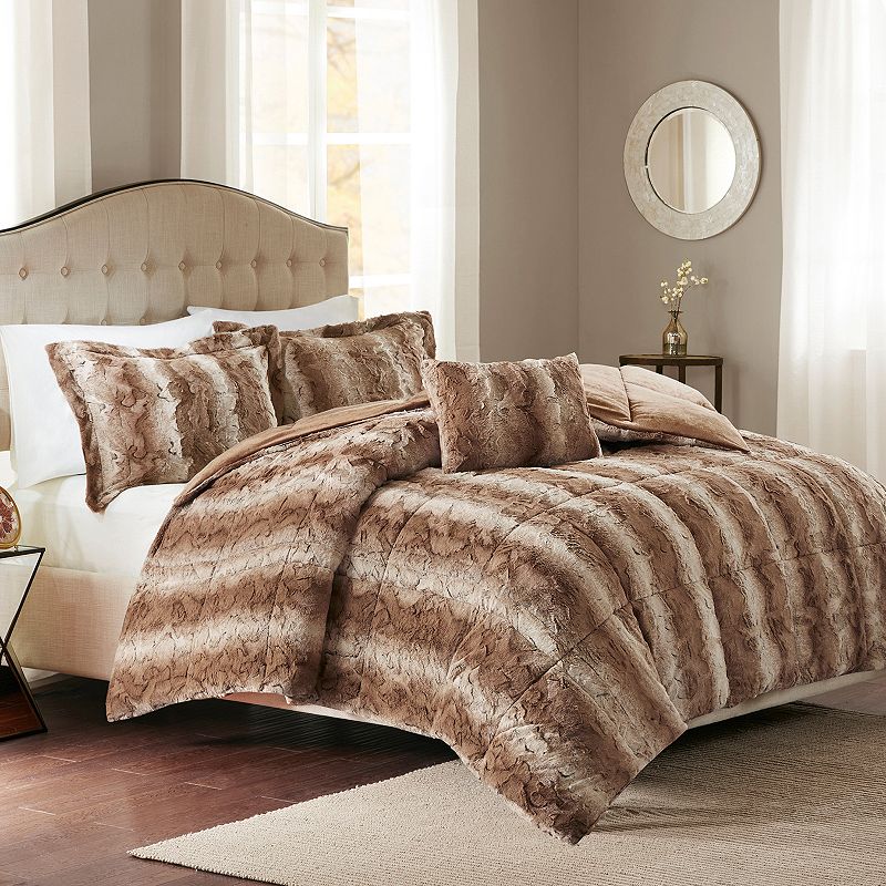 Madison Park Marselle Faux Fur Comforter Set with Throw Pillow, Med Beige, 