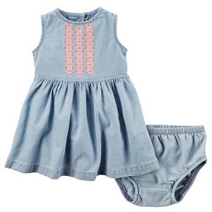 Baby Girl Carter's Embroidered Chambray Denim Dress & Bloomers Set
