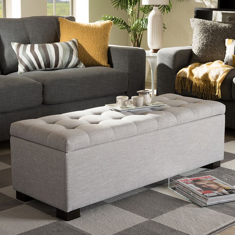 Roanoke Modern and Contemporary Fabric Upholstered Grid - Tufting Storage Ottoman Bench - Light Beige - Baxton Studio