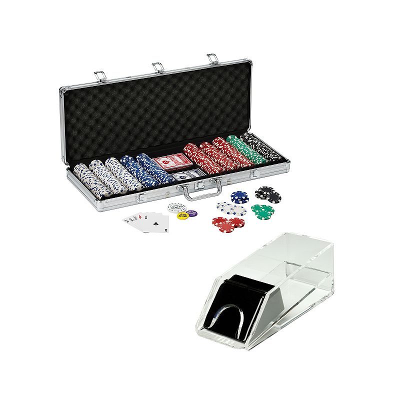 Texas Holdem Poker Chips & Acrylic Card Shoe Set by Fat Cat, Multicolor