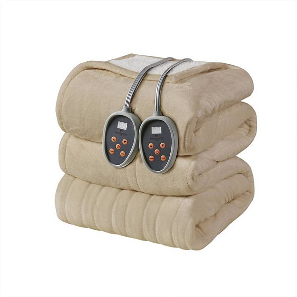 Woolrich Queen Electric Heated Plush to Berber Bed Blanket Tan: 5-Year Warranty, Machine Washable, Lightweight