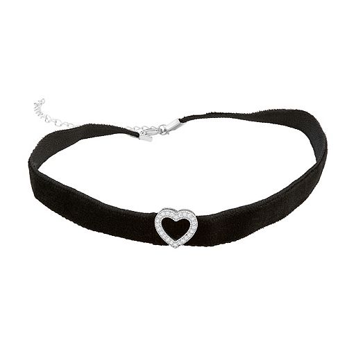 Sterling Silver Cubic Zirconia Heart Velvet Choker Necklace