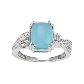 Jewelexcess Sterling Silver Blue Chalcedony Cabochon & Diamond Accent Ring
