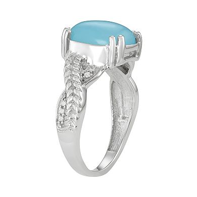 Jewelexcess Sterling Silver Blue Chalcedony Cabochon & Diamond Accent Ring