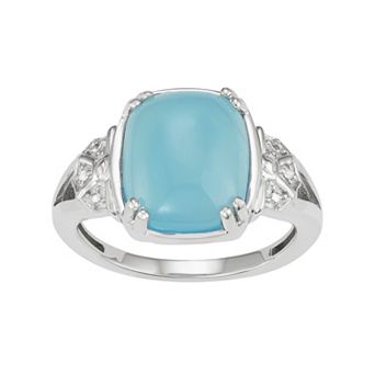 Jewelexcess Sterling Silver Blue Chalcedony Cabochon & Diamond Accent Ring