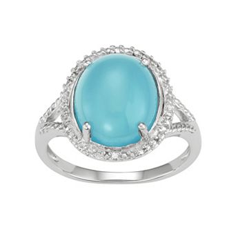 Jewelexcess Sterling Silver Blue Chalcedony Oval Cabochon & Diamond Accent Ring