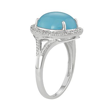 Jewelexcess Sterling Silver Blue Chalcedony Oval Cabochon & Diamond Accent Ring