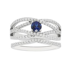 Boston Bay Diamonds 14k White Gold Sapphire & 1/2 Carat T.W. Diamond Twist Engagement Ring Set