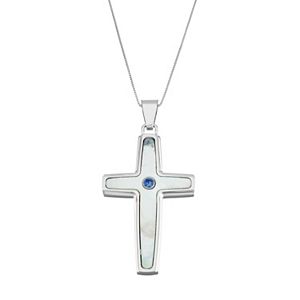 Men's Stainless Steel Mother-Of-Pearl & Lab-Created Sapphire Cross Pendant