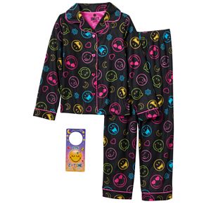 Girls 6-12 Black Smiley Pajama Set
