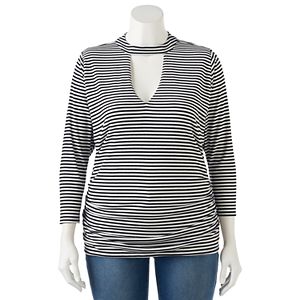 Juniors' Plus Size HeartSoul Striped Mockneck Cutout Top