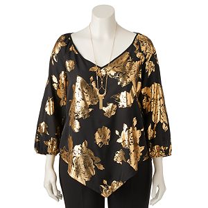 Juniors' Plus Size HeartSoul Foiled Floral V-Hem Top