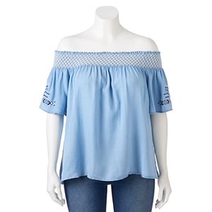Juniors' Plus Size HeartSoul Chambray Off The Shoulder Top