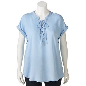 Juniors' Plus Size HeartSoul Chambray Lace Up Top
