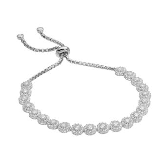 Sterling Silver Cubic Zirconia Cluster Bolo Bracelet