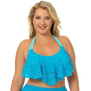 Juniors' Plus Size In Mocean Lasercut Flounce Halter Bikini Top