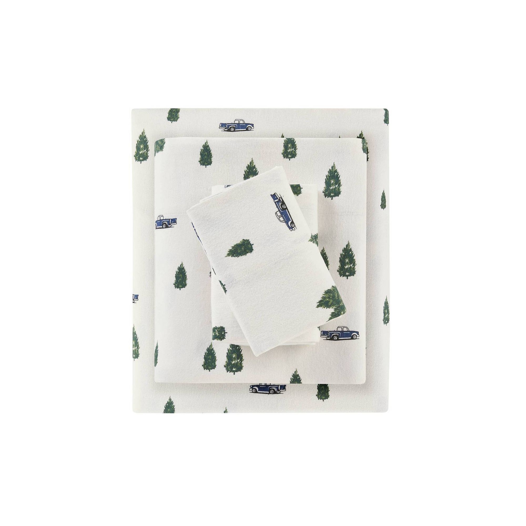 Woolrich Cotton Flannel Sheet Set, Green Tree And Trucks